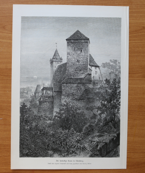 Wood Engraving Five-Corner-Tower in Nuernberg 1884 after own aquarell drawn on wood by Lorenz Ritter Art Artist